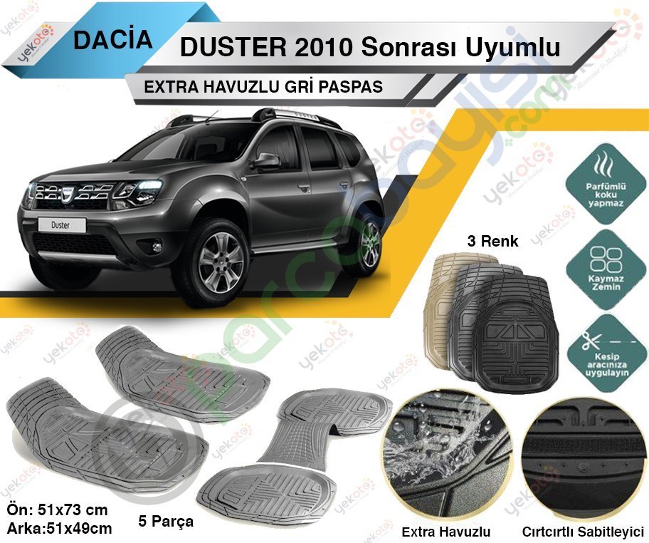 Dacia Duster 2010 Sonrası Uyumlu Extra Havuzlu Kesilebilir Gri Paspas