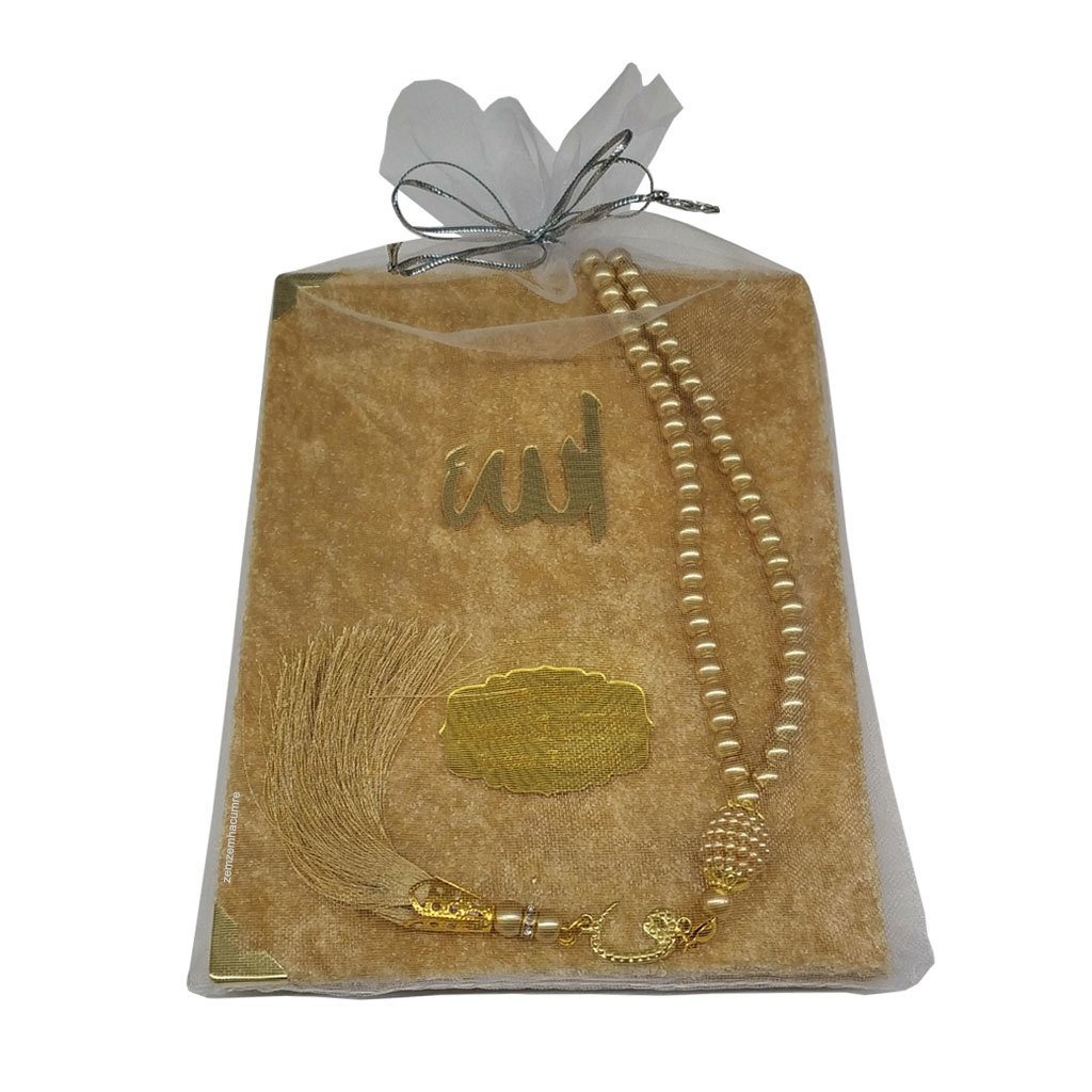 Hediyelik Kadife Kaplı Yasin Cüzü Seti Gold 12x16 cm Tül Keseli