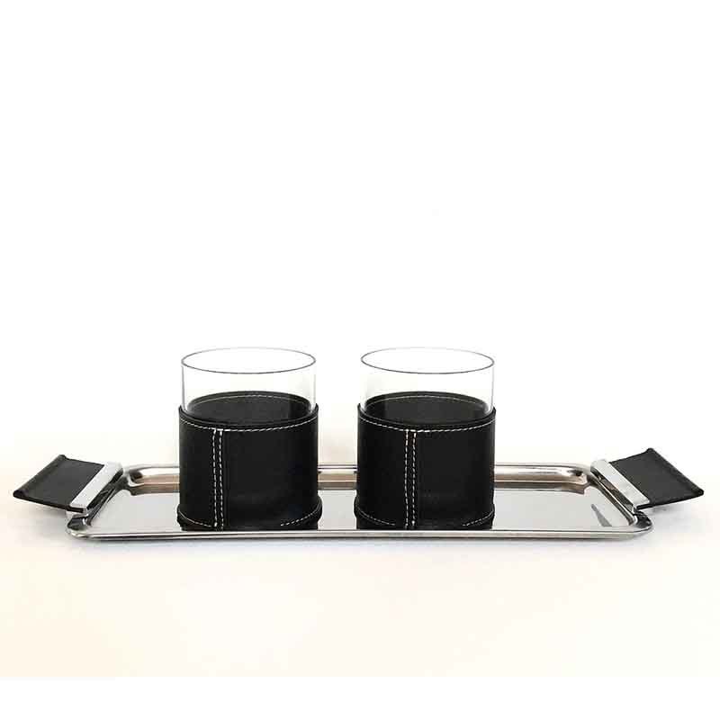 Siyah Deri Kaplamalı Viski Bardağı 2li Set