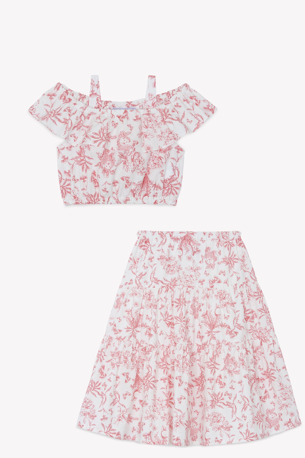 Kız Çocuk Çiçek Desenli Crop Bluz + Etek Takım