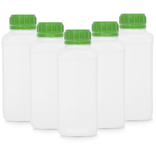 Borox Plastik Kare Şişe 1000 ml - Yeşil Kapaklı Şişe 5 Adet