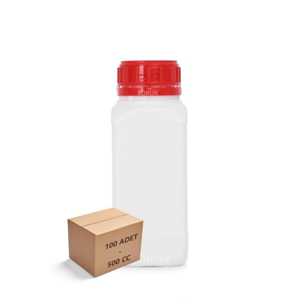 Borox Plastik Kare Şişe 500ml - Kırmızı Kapaklı Şişe 100Adet