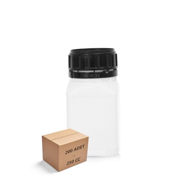 Borox Plastik Kare Şişe 250 ml - Siyah Kapaklı Şişe 200 Adet