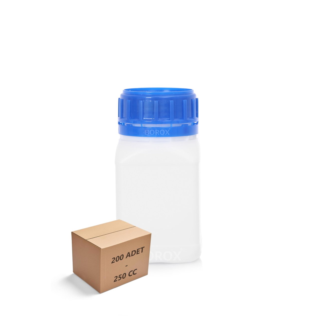 Borox Plastik Kare Şişe 250 ml - Mavi Kapaklı Şişe 200 Adet