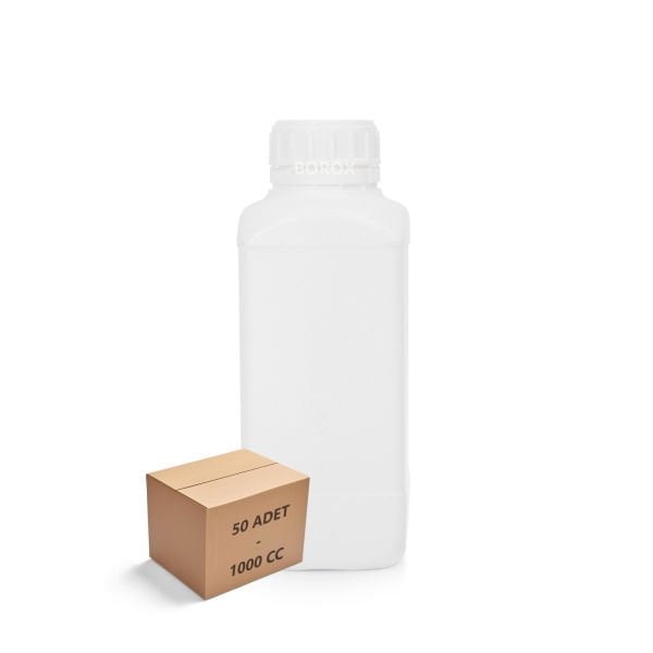 Borox Plastik Kare Şişe 1000 ml - Beyaz Kapaklı Şişe 50 Adet