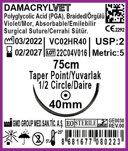 Damacryl Emilebilir Sütür Veteriner Dikiş İpliği USP: 2-75cm - PGA İplik - 1/2 Daire 40mm - Yuvarlak İğne