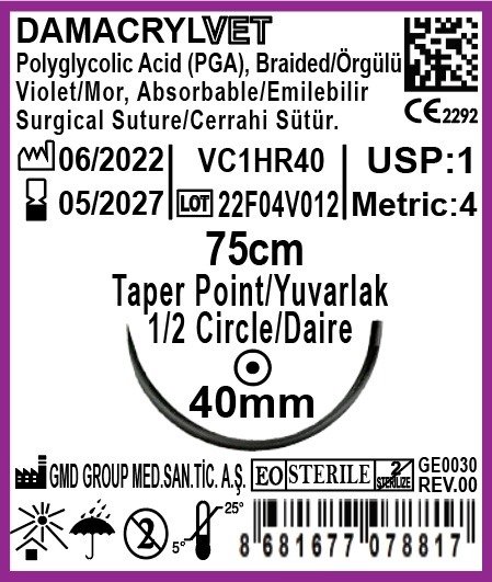Damacryl Emilebilir Sütür Veteriner Dikiş İpliği USP: 1-75cm - PGA İplik - 1/2 Daire 40 mm - Yuvarlak İğne