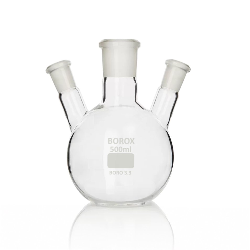 Borox Cam Balon 500 ml - Dibi Yuvarlak Şilifli - Üç Boyunlu