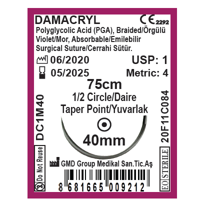Damacryl Emilebilir Cerrahi Sütür - PGA İplik - USP: 1-75cm - 1/2 Daire 40 mm - Yuvarlak İğne