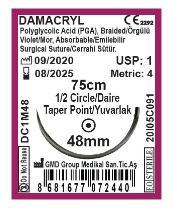 Damacryl Emilebilir Cerrahi Sütür - PGA İplik - USP: 1-75cm - 1/2 Daire 48 mm - Yuvarlak İğne