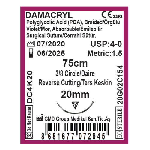 Damacryl Emilebilir Cerrahi Sütür - PGA İplik - USP:4-0-75cm - 3/8 Daire 20 mm - Ters Keskin İğne