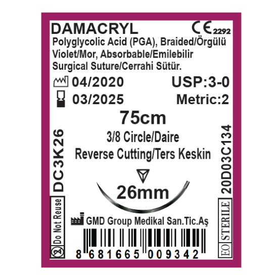 Damacryl Emilebilir Cerrahi Sütür - PGA İplik - USP:3-0-75cm - 3/8 Daire 26 mm - Ters Keskin İğne