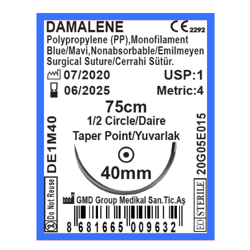 Damalene Emilmeyen Cerrahi Sütür - PP İplik - USP: 1 - 75cm - 1/2 Daire 40 mm - Yuvarlak İğne