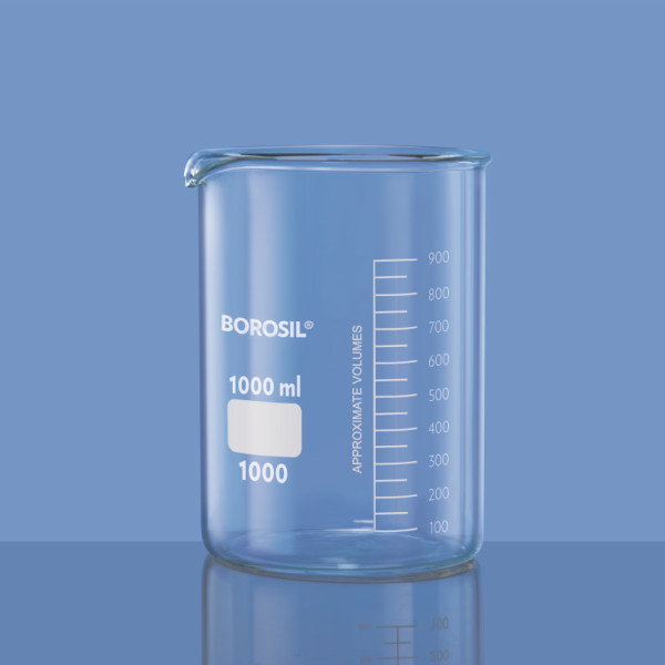 Borosil Cam Beher 1000 ml - Kısa Form Isıya Dayanıklı Beaker