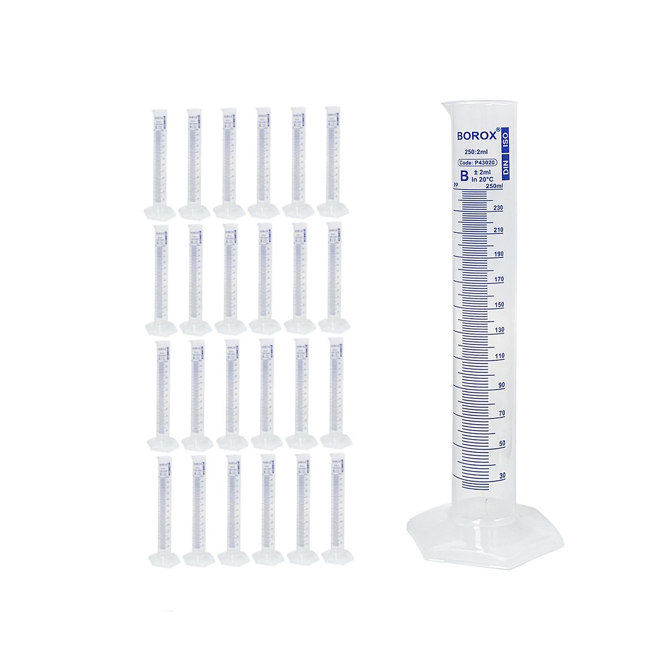 Borox Plastik Mezür 250 ml - Uzun Form - Dereceli Silindir Mavi Skala - 24 Adet Toptan