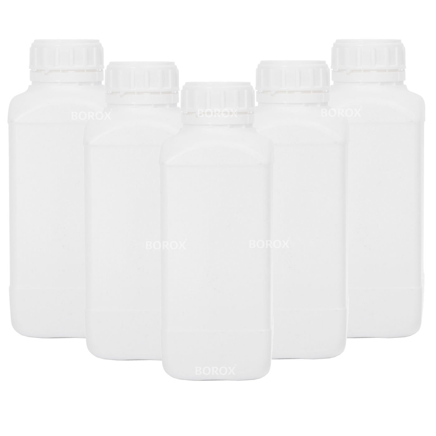 Borox Plastik Kare Şişe 1000 ml - Beyaz Kapaklı Şişe 5 Adet