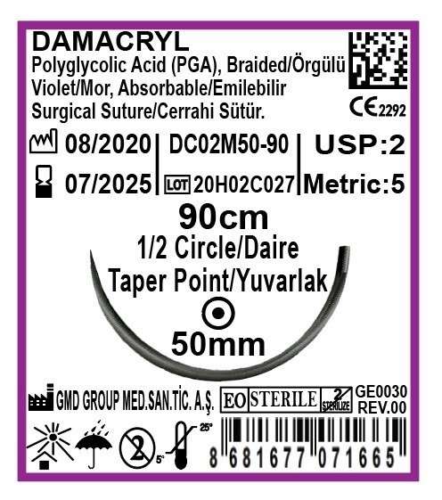 Damacryl Emilebilir Cerrahi Sütür - PGA iplik - USP: 2-90cm - 1/2 Daire 50 mm - Yuvarlak İğne