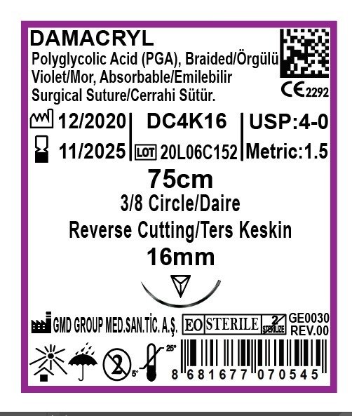 Damacryl Emilebilir Cerrahi Sütür - PGA İplik - USP:4-0-75cm - 3/8 Daire 16 mm - Ters Keskin İğne