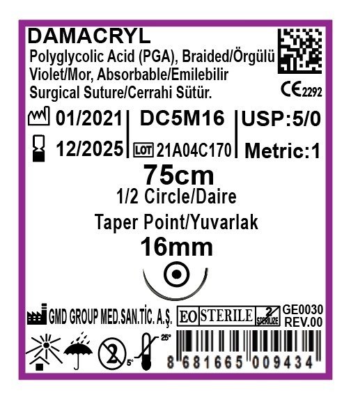 Damacryl Emilebilir Cerrahi Sütür - PGA İplik - USP:5-0-75cm - 1/2 Daire 16 mm - Yuvarlak İğne