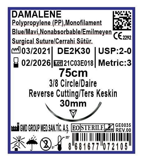 Damalene Emilmeyen Cerrahi Sütür - PP İplik - USP: 2-0-75cm - 3/8 Daire 30 mm - Ters Keskin İğne