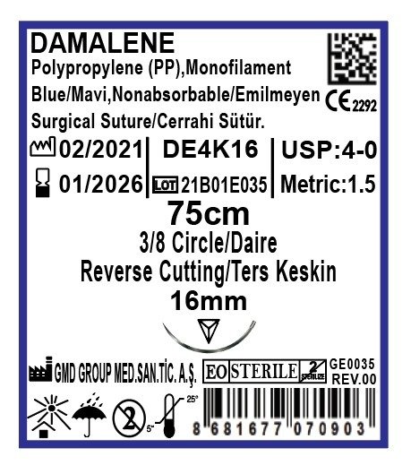 Damalene Emilmeyen Cerrahi Sütür - PP İplik - USP: 4-0-75cm - 3/8 Daire 16 mm - Ters Keskin İğne