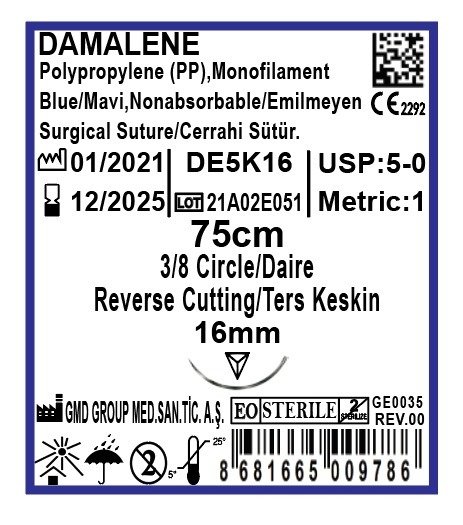 Damalene Emilmeyen Cerrahi Sütür - PP İplik - USP: 5-0-75cm - 3/8 Daire 16 mm - Ters Keskin İğne