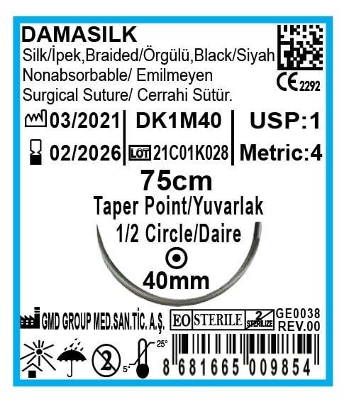 Cerrahi Sütür - Emilmeyen Dikiş İpliği - Damasilk İpek İplik- USP:1 - 75 cm - 1/2 Daire 40 mm - Yuvarlak İğne
