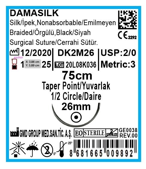 Cerrahi Sütür - Emilmeyen Dikiş İpliği - Damasilk İpek İplik - USP:2-0-75 cm - 1/2 Daire 26 mm - Yuvarlak İğne