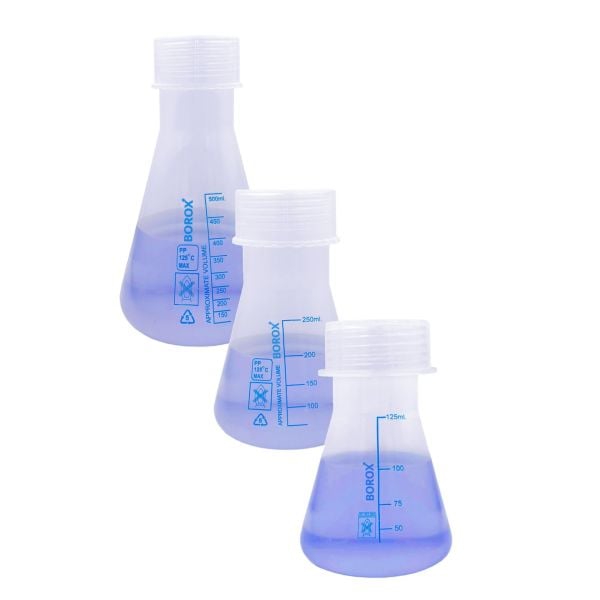 Borox Plastik Erlen - Erlenmeyer Flask Vida Kapaklı - Mavi Skala - 3 Farklı Hacim Toptan