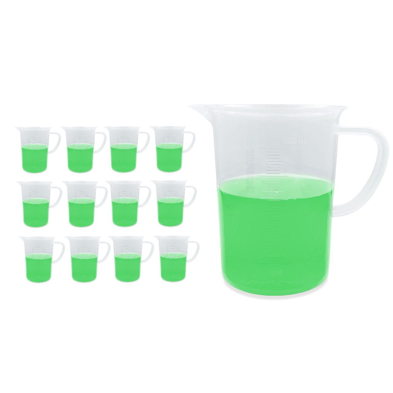 Borox Kulplu Plastik Beher 500 ml - Kabartma Dereceli Beaker - Ölçü Kabı - 12 Adet Toptan
