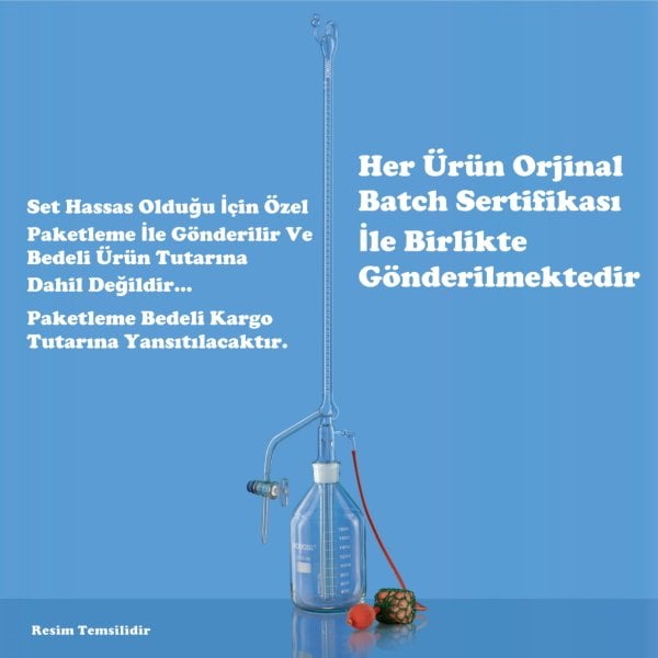 Borosil Otomatik Büret Şeffaf 50ml 0.10ml Cam Musluk Class A