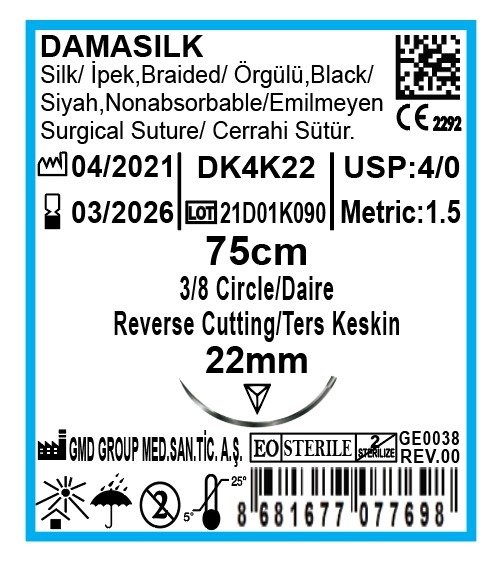 Damasilk Cerrahi Sütür - Emilmeyen Dikiş İpliği - İpek İplik - USP:4-0 - 75 cm - 3/8 Daire 22 mm - Ters Keskin İğne