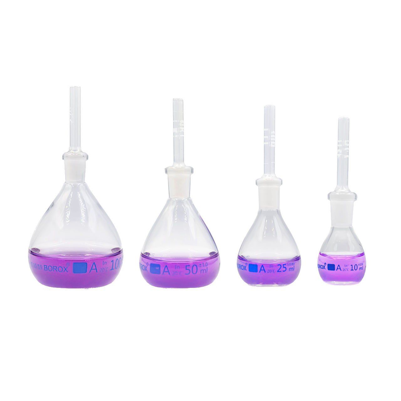 Borox Piknometre - Kalibreli - Gay Lussac Tipi - Cam Kapiler Tıpalı - 4lü Set