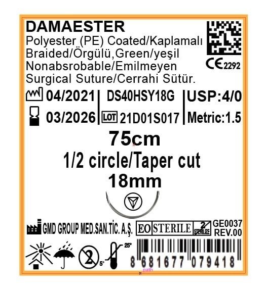 Cerrahi Sütür - Emilmeyen Ameliyat Dikiş İpliği - Damaester PE İplik - USP:4-0 - 75 cm - 1/2 Daire 18 mm - Sivri Kesim İğne