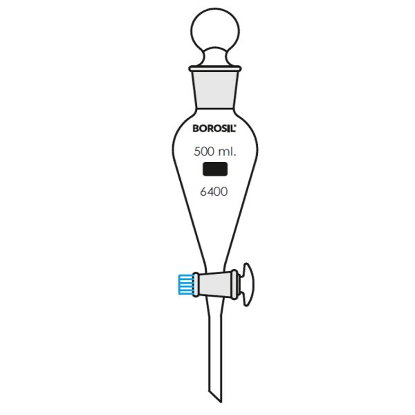 Borosil Cam Ayırma Hunisi 250 ml - Cam Musluklu Tıpalı Huni