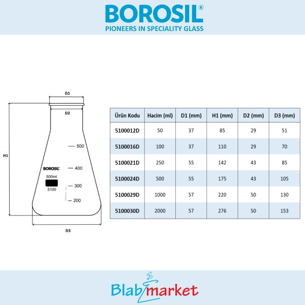 Borosil Cam Erlen 1000 ml - Erlenmeyer Flask Geniş Boyunlu