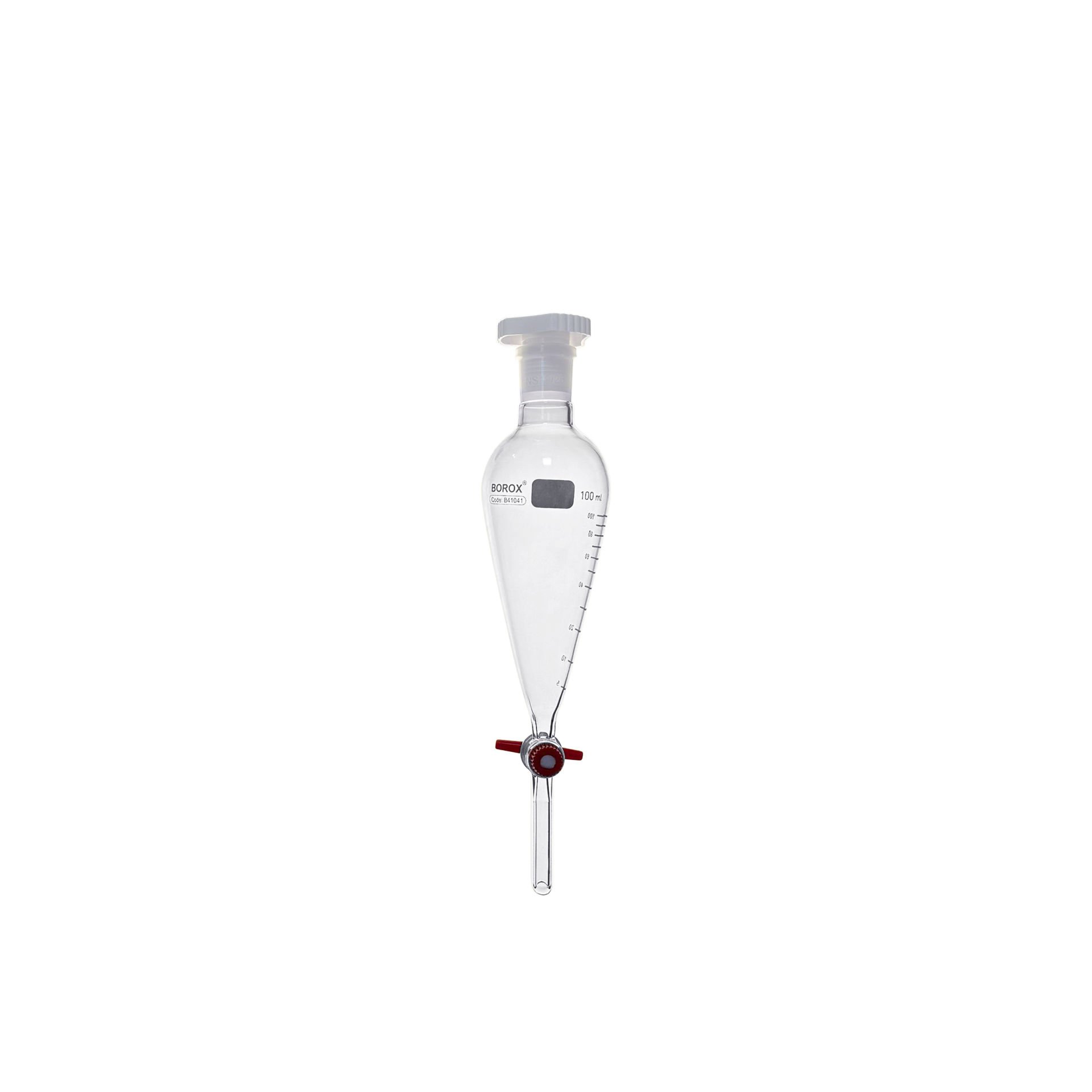 Borox Cam Ayırma Hunisi 100 ml - Konik Tip - Teflon Musluklu Tıpalı - Hacim Ölçekli