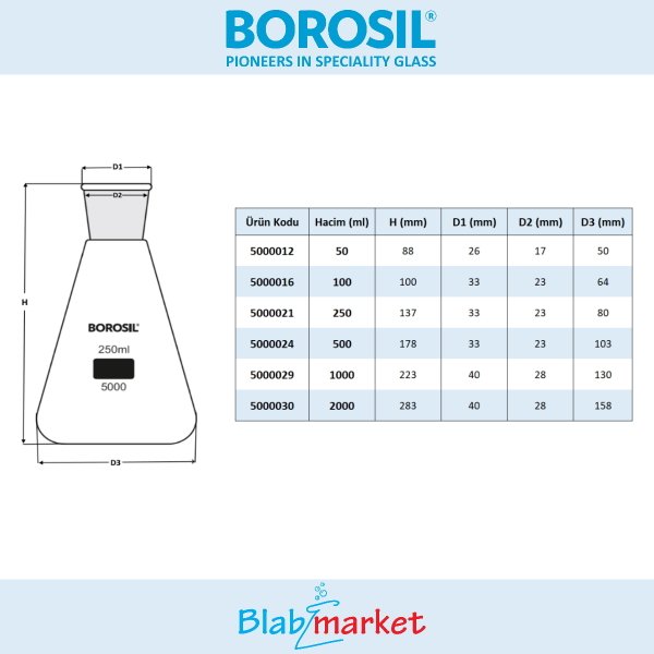 Borosil Cam Erlen Şilifli 250 ml - Erlenmeyer Flask Tıpalı