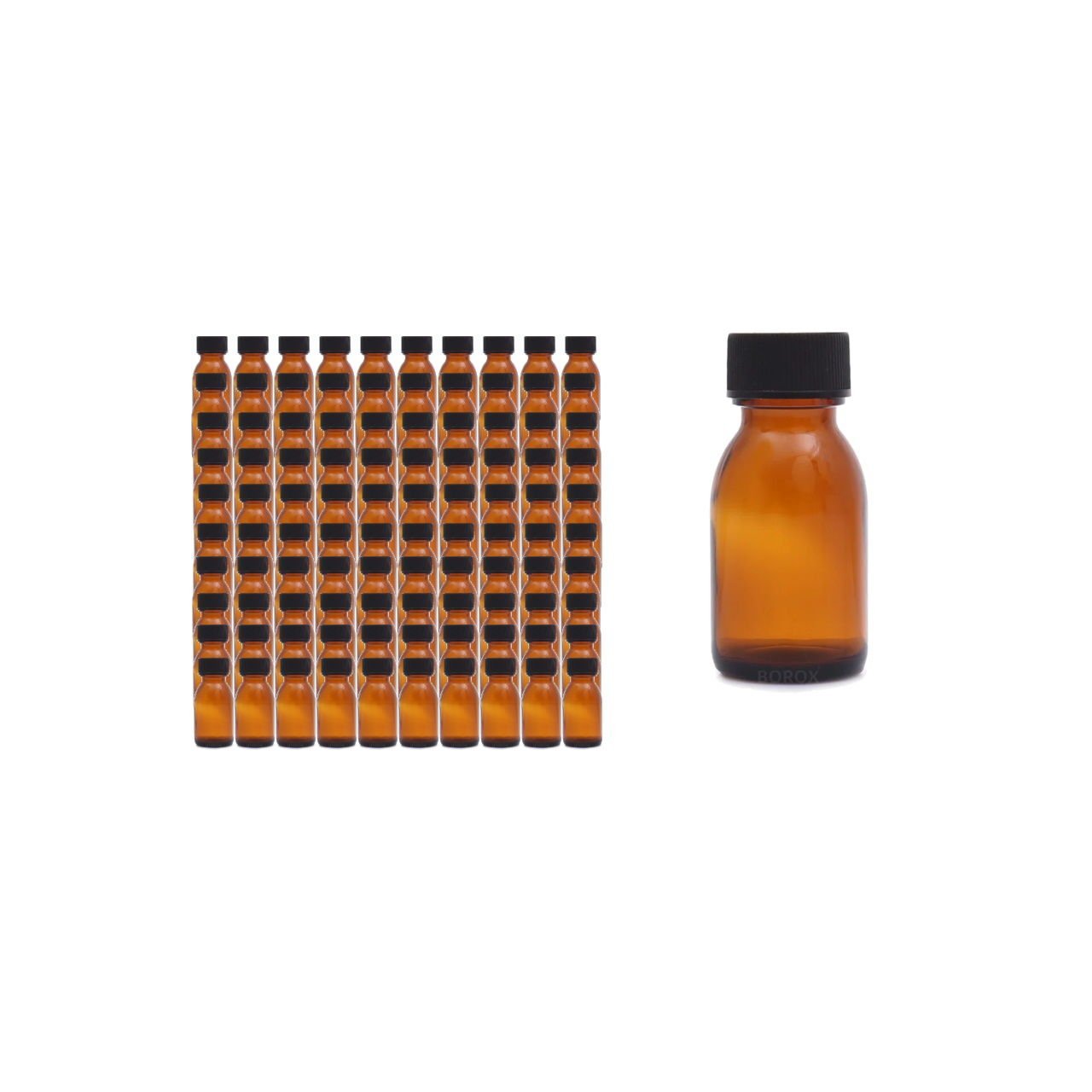 Borox Amber Cam Şişe 20 ml - Siyah Kapaklı Şişe 20cc - 100 Adet Toptan