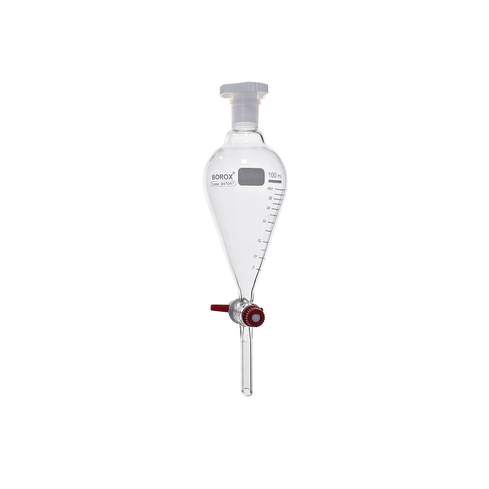 Borox Cam Ayırma Hunisi 100 ml - Armudi Tip - Teflon Musluklu Tıpalı - Hacim Ölçekli