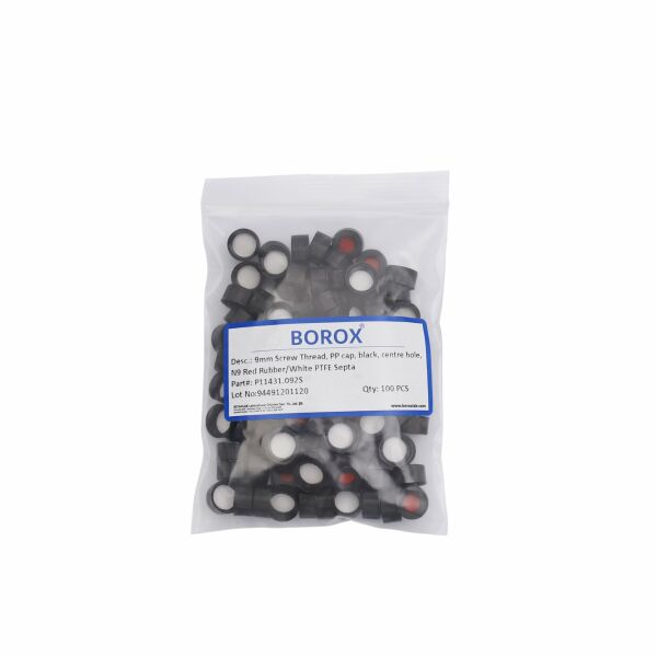 Borox Siyah Vial Kapağı N9 - PTFE Septa - Silikon - Yarıksız - 1000 Adet Toptan