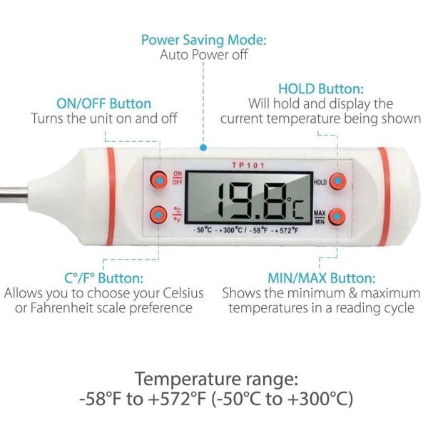 Dijital Termometre TP101 - Metal Problu Sıcaklık Ölçer - Daldırma Tipi Gıda Termometresi