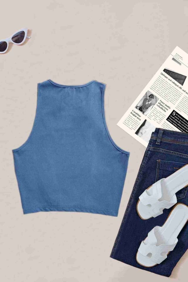 Merry See Tek Renk 1 Adet Kadın Kolsuz Örme Kumaş Bluz Crop Mavi