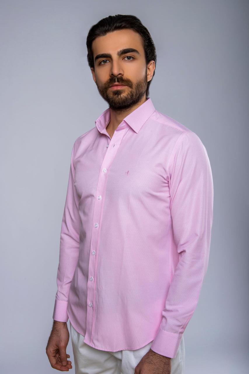 Slim Fit Uzun Kollu Çizgili Pembe Erkek Gömlek 505-358