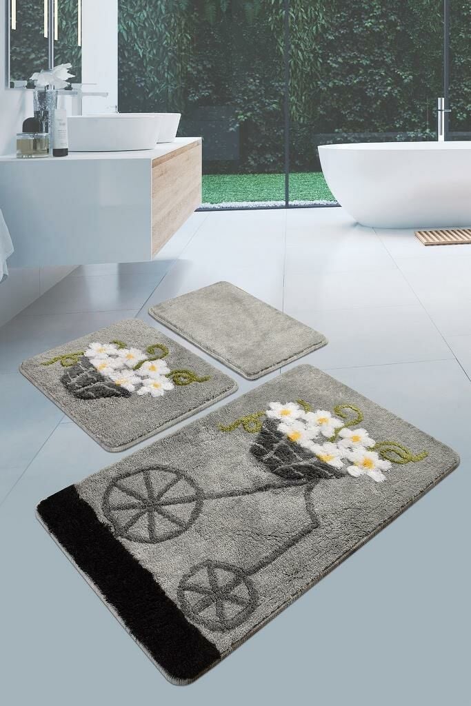 Chilai Home Alaçatı 3'lü Set Klozet Takımı Banyo Paspası Gri