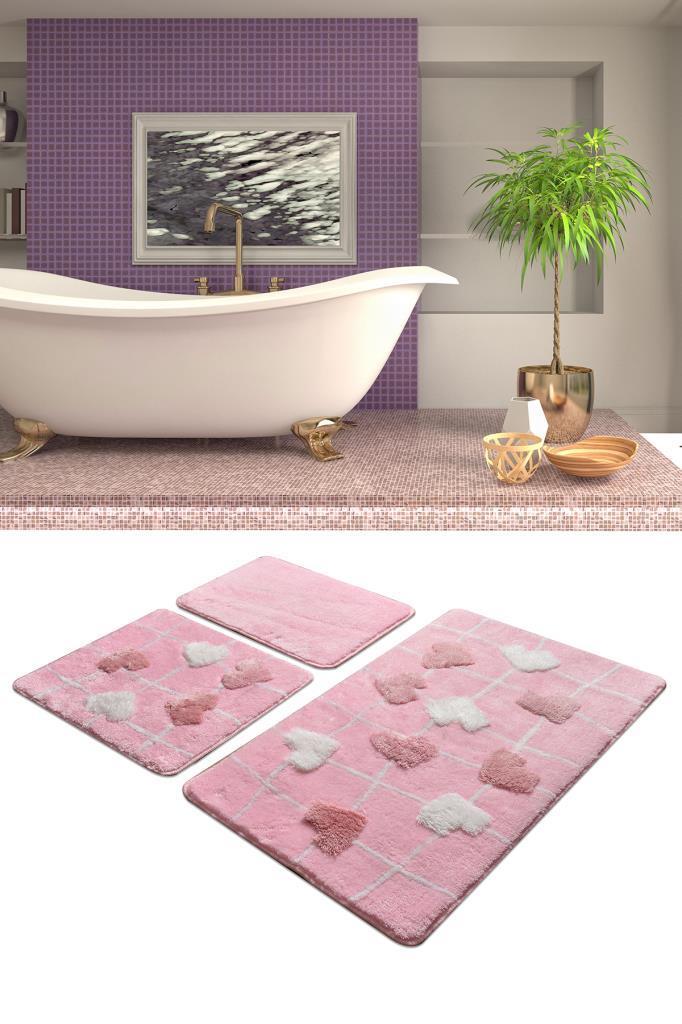 Chilai Home Kalbim 3'lü Set Klozet Takımı Banyo Paspası Pembe