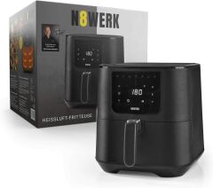 N8WERK Midnight Edition sıcak hava fritözü Air Fryer | Sıcak hava fırını, ızgara ve fritöz kombinasyonu | Az yağlı yemek hazırlama | Dijital ekran | 7 program | 5,5 l sepet | 1800 Watt