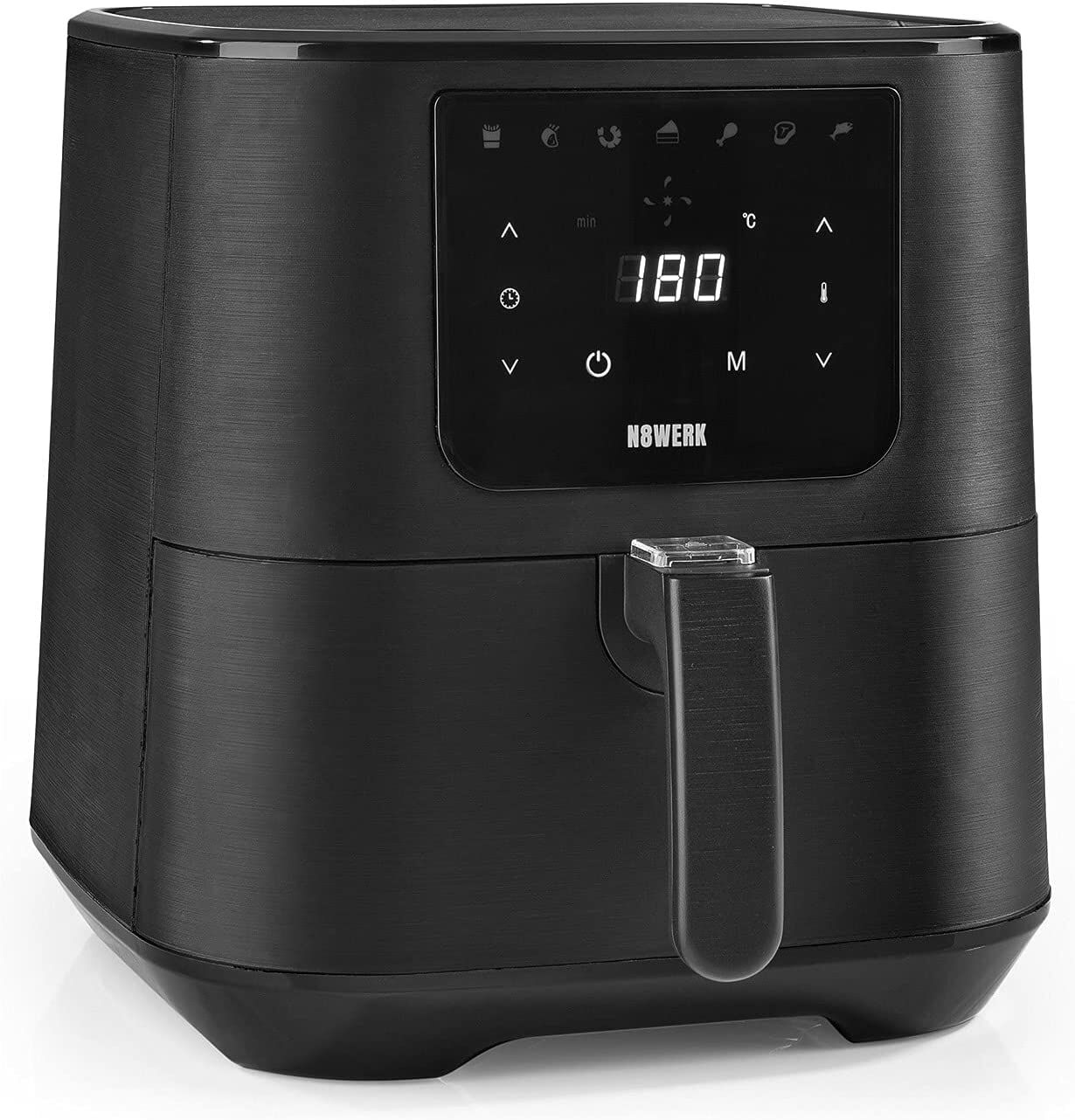 N8WERK Midnight Edition sıcak hava fritözü Air Fryer | Sıcak hava fırını, ızgara ve fritöz kombinasyonu | Az yağlı yemek hazırlama | Dijital ekran | 7 program | 5,5 l sepet | 1800 Watt