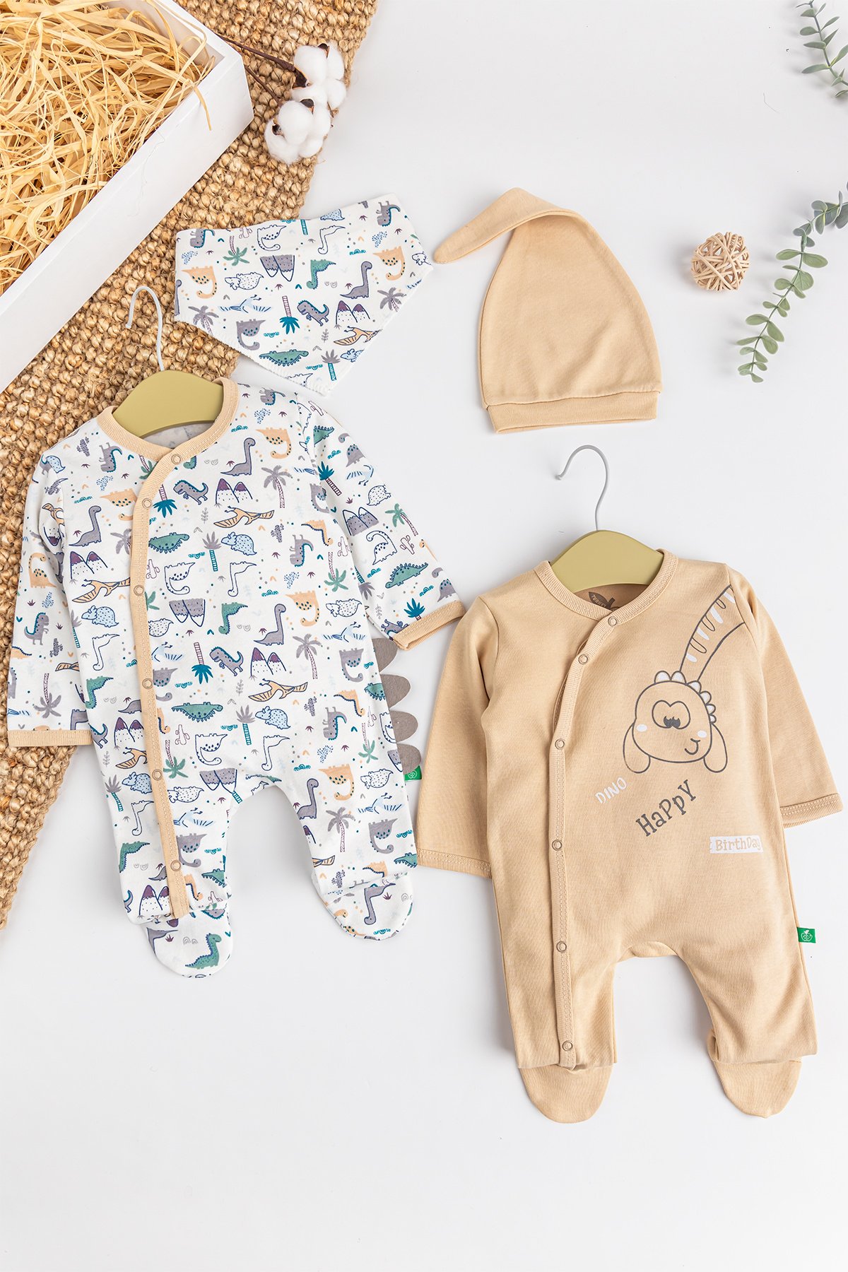 Dino Figürlü 2'li Uzun Kollu Kız/Erkek Bebek Tulum Takım