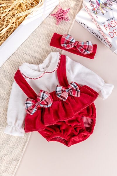 Fiyonklu Bandanalı Kadife Kız Bebek Tulum Salopet Bebek Elbise